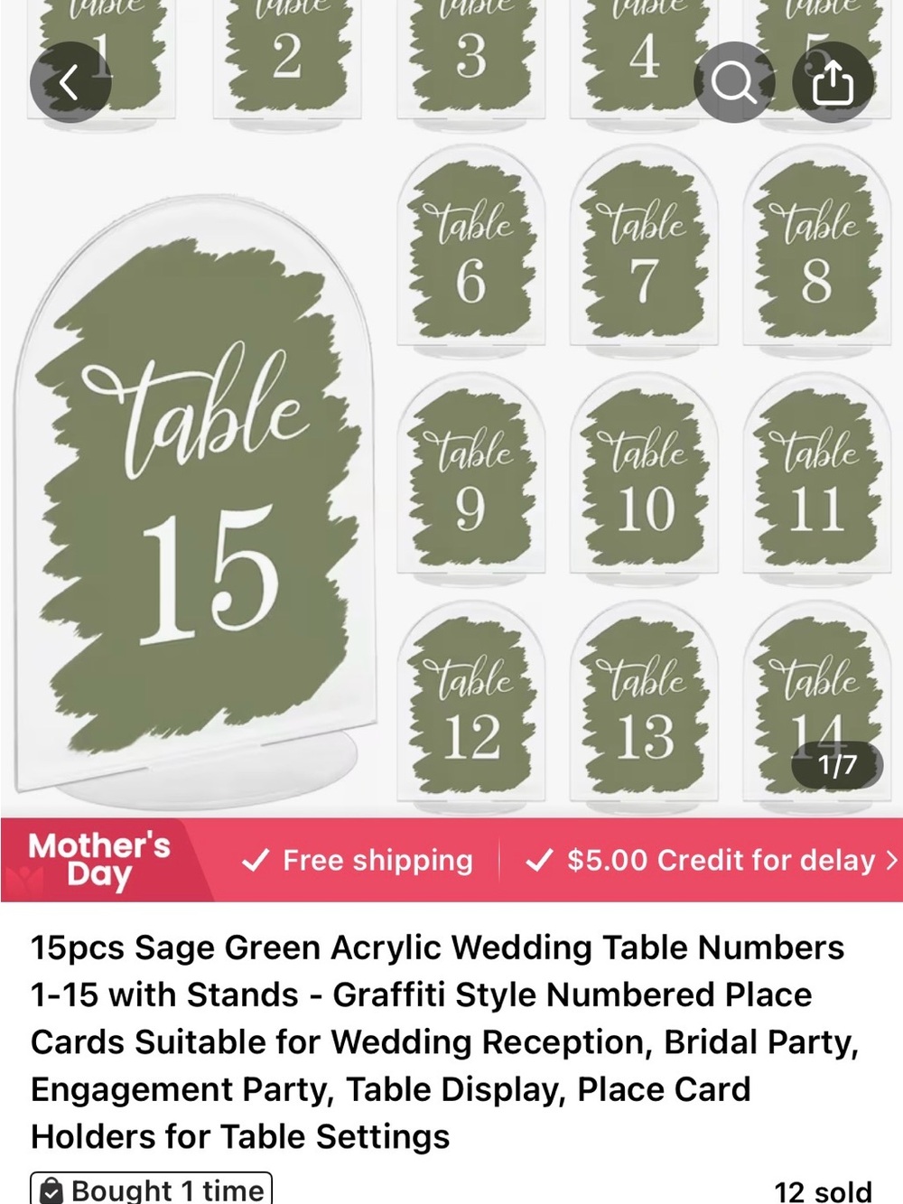 Sage Green Acrylic Table Number Set (1-15)